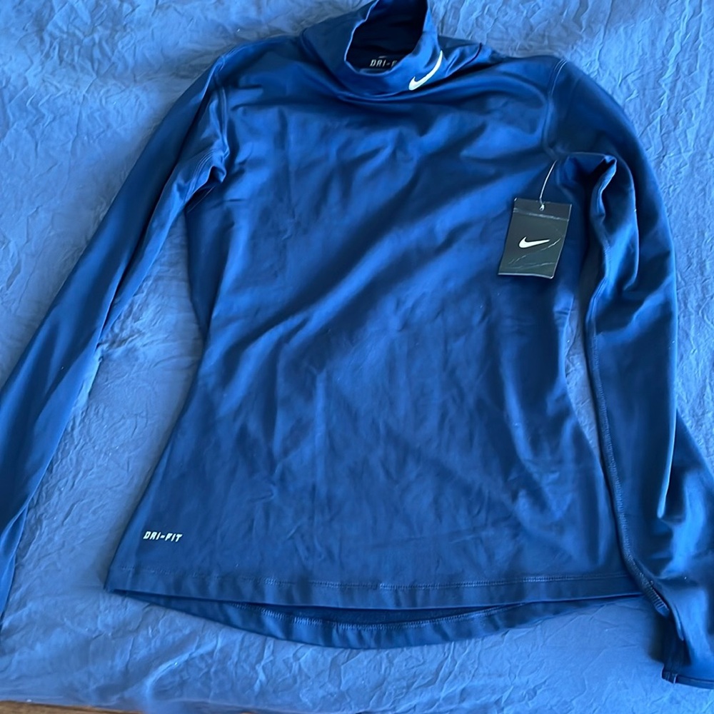 Nike Dri Fit NWT, thumb holes, size small. Navy turtleneck, white swoosh
